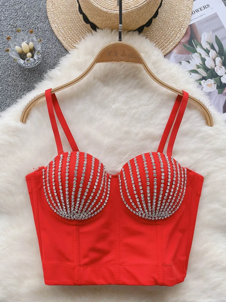 Foamlina Fashion Summer Women Sexy Rhinestone Corset Top Adjustable Spaghetti Strap Sleeveless Push Up Bra Club Party Crop Tops