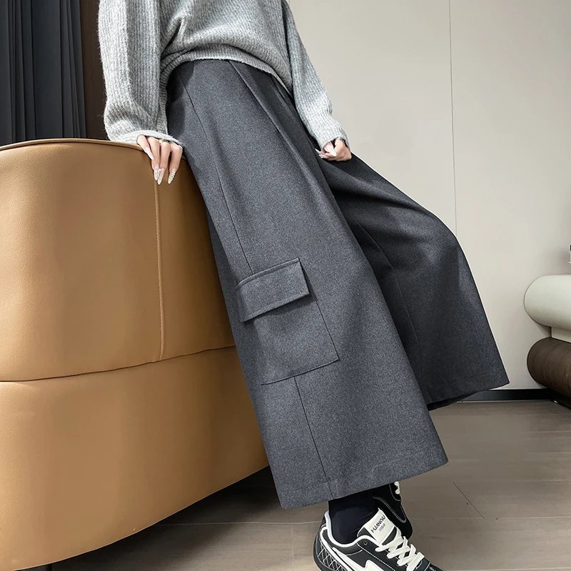 Autumn Winter Thick Warm Woolen Ankle-Length Pants Fashoin High Waist Wide Leg Side Big Pocket Pants Black Trousers with Belt