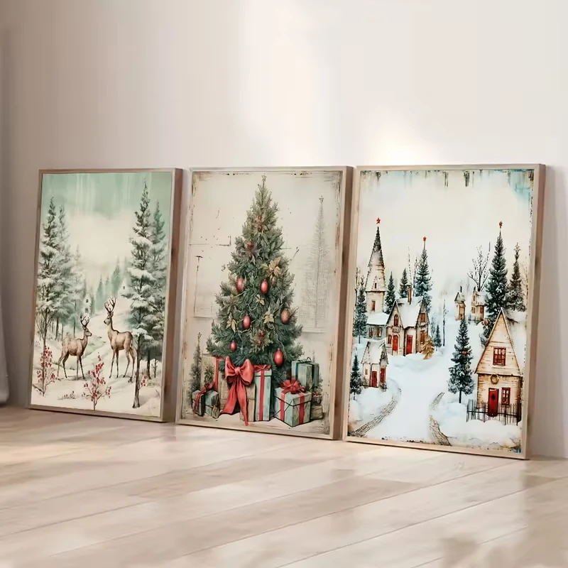 

3pcs Winter Forest Animal Christmas Poster Deer Snow Scenes Pine Trees Gift Boxes, Bohemian Holiday Wall Art Fabric Decoration