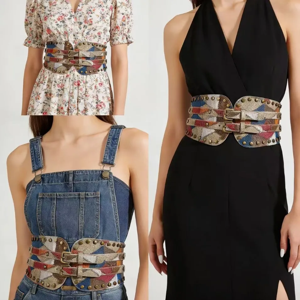 Leather Ball Pattern Three Button Waist Cover for Women's Decoration Shaping Waist Cinching,retro Metal Buckle,Elastic Waistband