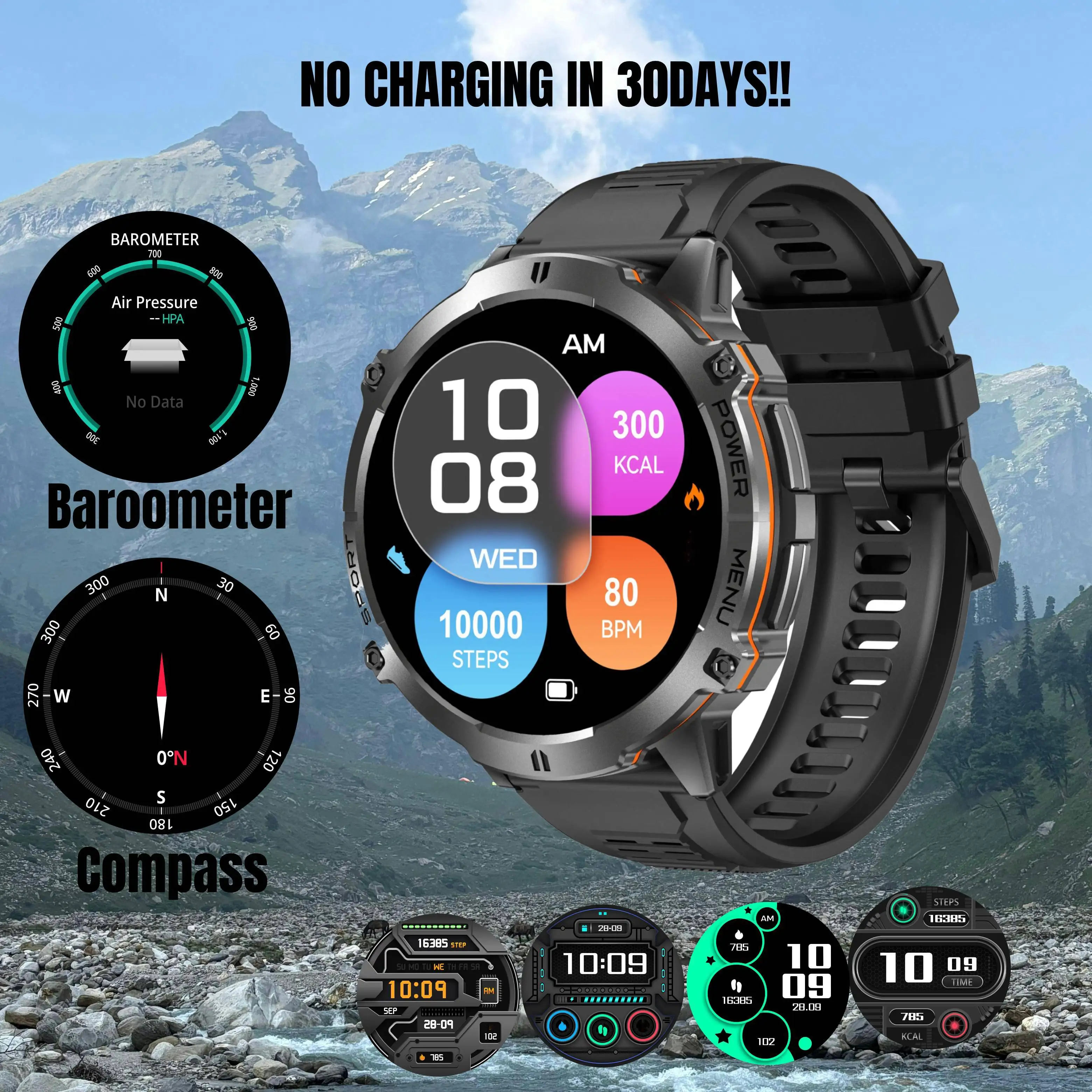 Leadoys X3 Outdoor Smart Watch for Men No Charging in 100Days 10Meter Waterproof With Compass 200+ Water Face Reloj Para Hombre