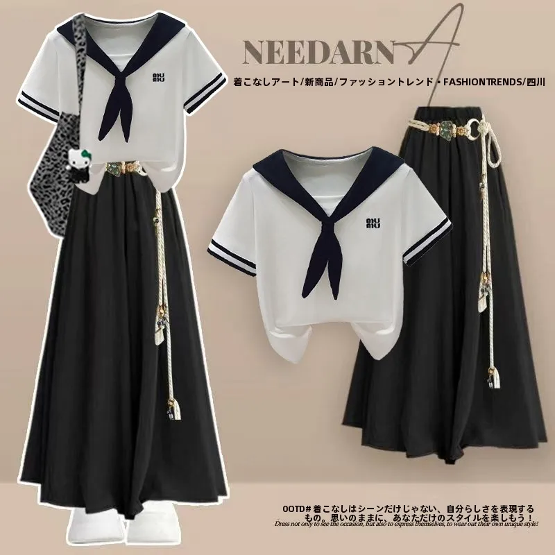 Conjunto de Vestido com Gola Marinha Estilo Escolar para Meninas, Manga Curta, Duas Peças, Moda de Verão para Estudantes, Mistura de Algodão