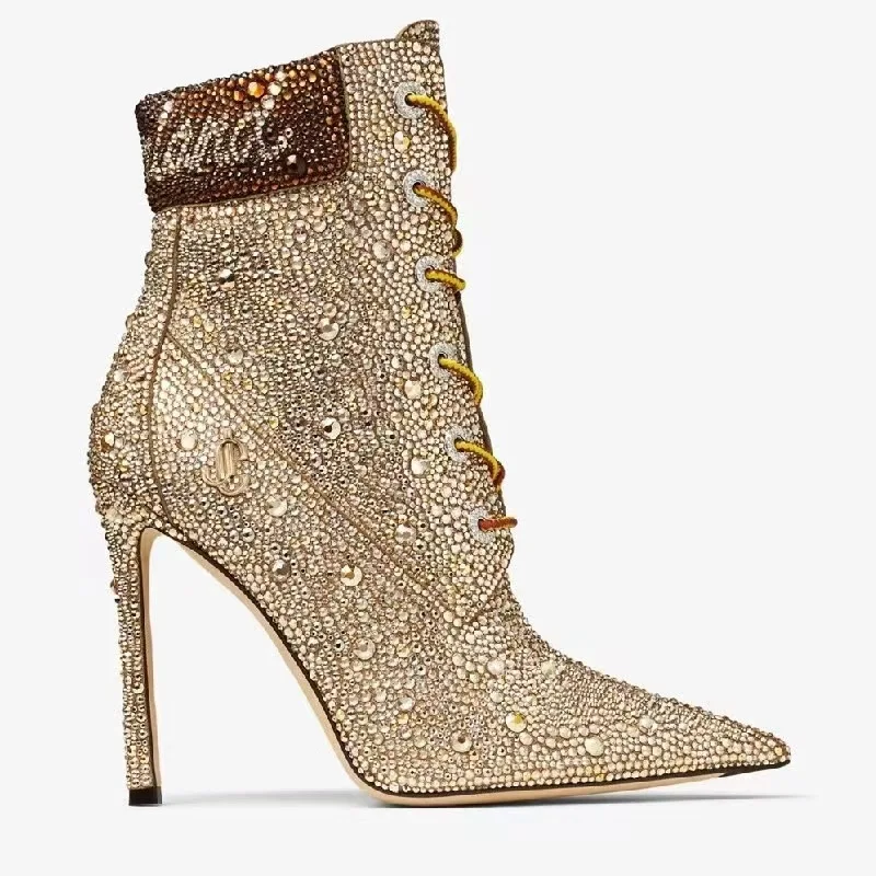 Women's Gold Crystal-Embellished Ankle Boots, Lace-Up Detail Stiletto Heel Glam Bold Style for Autumn/winter Evening Outfits