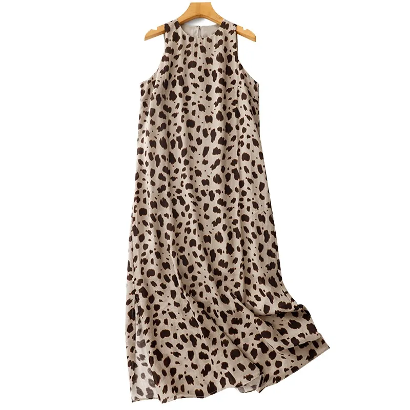 Neue Mode Leopard Print Ärmellose Weste Kleid Für Frauen Sommer Oansatz Lose Urlaub Lange Kleid Casual Büro Dame Kleid