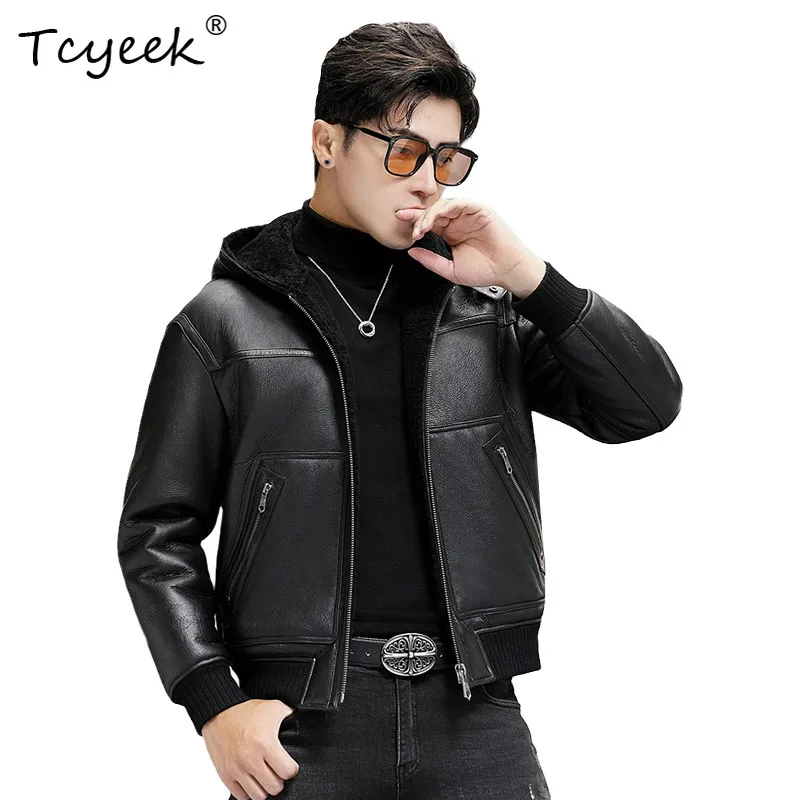 Tcyeek Natural Sheep Fur Coat Genuine Leather Jacket Men Warm Winter Clothes Hoodie Real Fur Coats Male Slim Fit Mех Натуральный