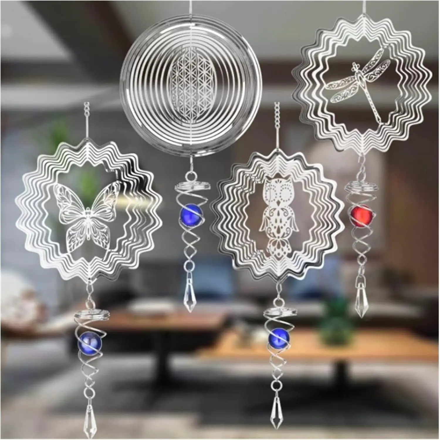 Wind Chimes 1.5V D Size Silent Stereo Rotating Wind Chime Spinner Motor Hanging Ornament Decor Mirror 46x14.8cm Stainless Steel