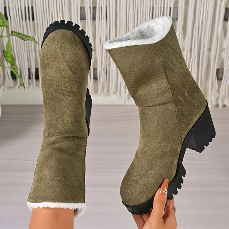 سميكة عالية الكعب الثلوج أحذية للنساء منصة صوف مبطن الدافئة حذاء من الجلد امرأة السببية جولة تو فو الجلد المدبوغ Zapatos Mujer #6