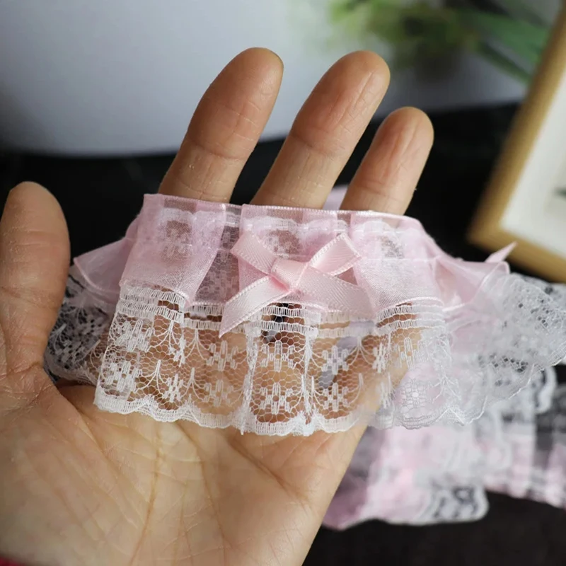 1 Yard weiß rosa zarte Schleife Rüschen Stickerei Spitzenstoffe für Kleidung Geschenk Wohnaccessoire handgemachte Nähbesatz Handwerk – Detail 9
