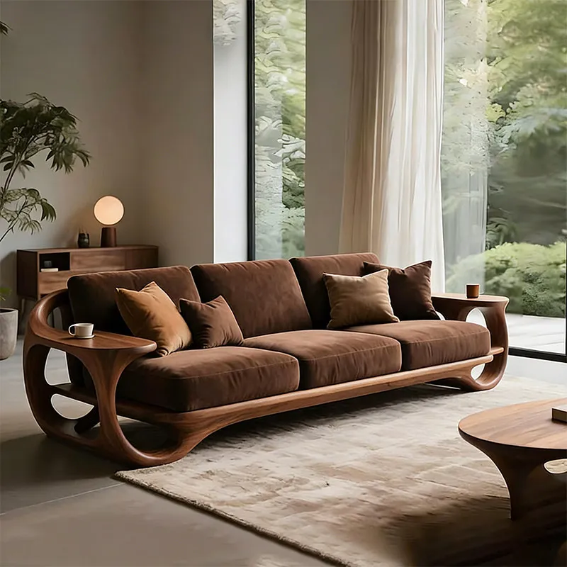 New Chinese style, North American black walnut sofa, modern and simple living room, straight solid wood high-end fabric sofa