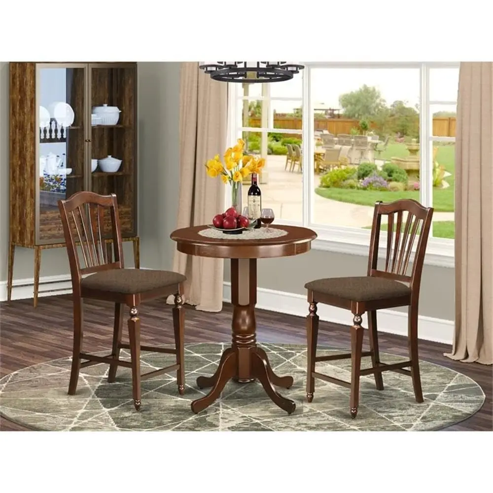 

EDCH3MAHC 3 Piece Kitchen Counter Height Dining Table Set Contains a Round Pub Table with Pedestal and 2 Linen Fabric Upholster