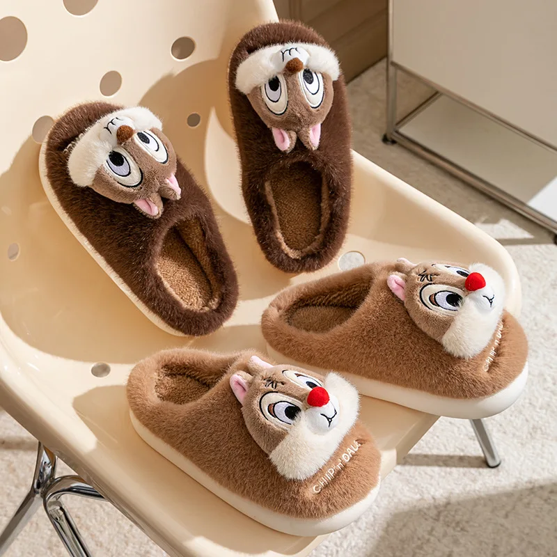 Disney Anime Chip Dale Plush Slippers Cartoon Cute Girl Winter Warm Non Slip Cotton Slippers Indoor Home Couple Shoes