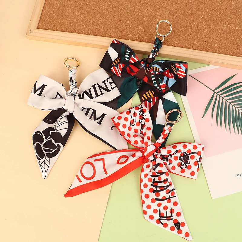 Weave Soft Silk Scarf Keychain Bowknot Pendant Bag Charm Accessories New Key Chain Fashion Car Key Holder Creative Gifts