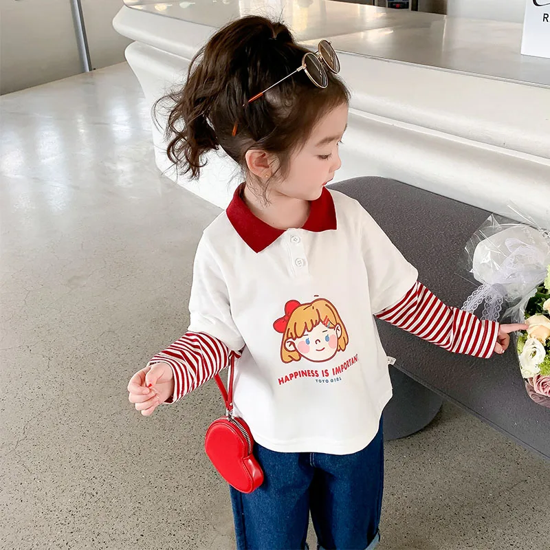 Kids T-shirt For Girls；Pure Cotton Polo-neckside Cute Cartoon Fashion T-shirt Korean Style Girls T-shirt Autumn Girl Clothes