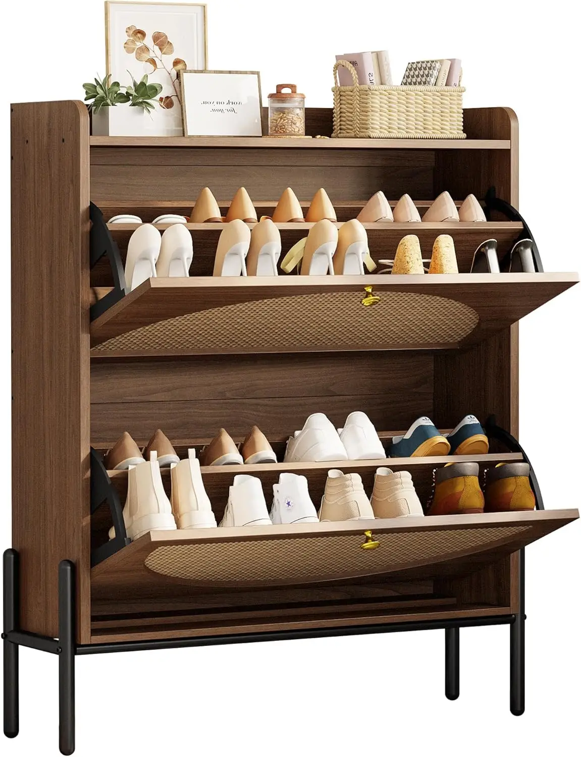 

Shoe Cabinet Storage With 2 Flip Drawers, Free Standing Wooden Shoe Storage Organizer Cabinet With Rattan Doors For Entryway,