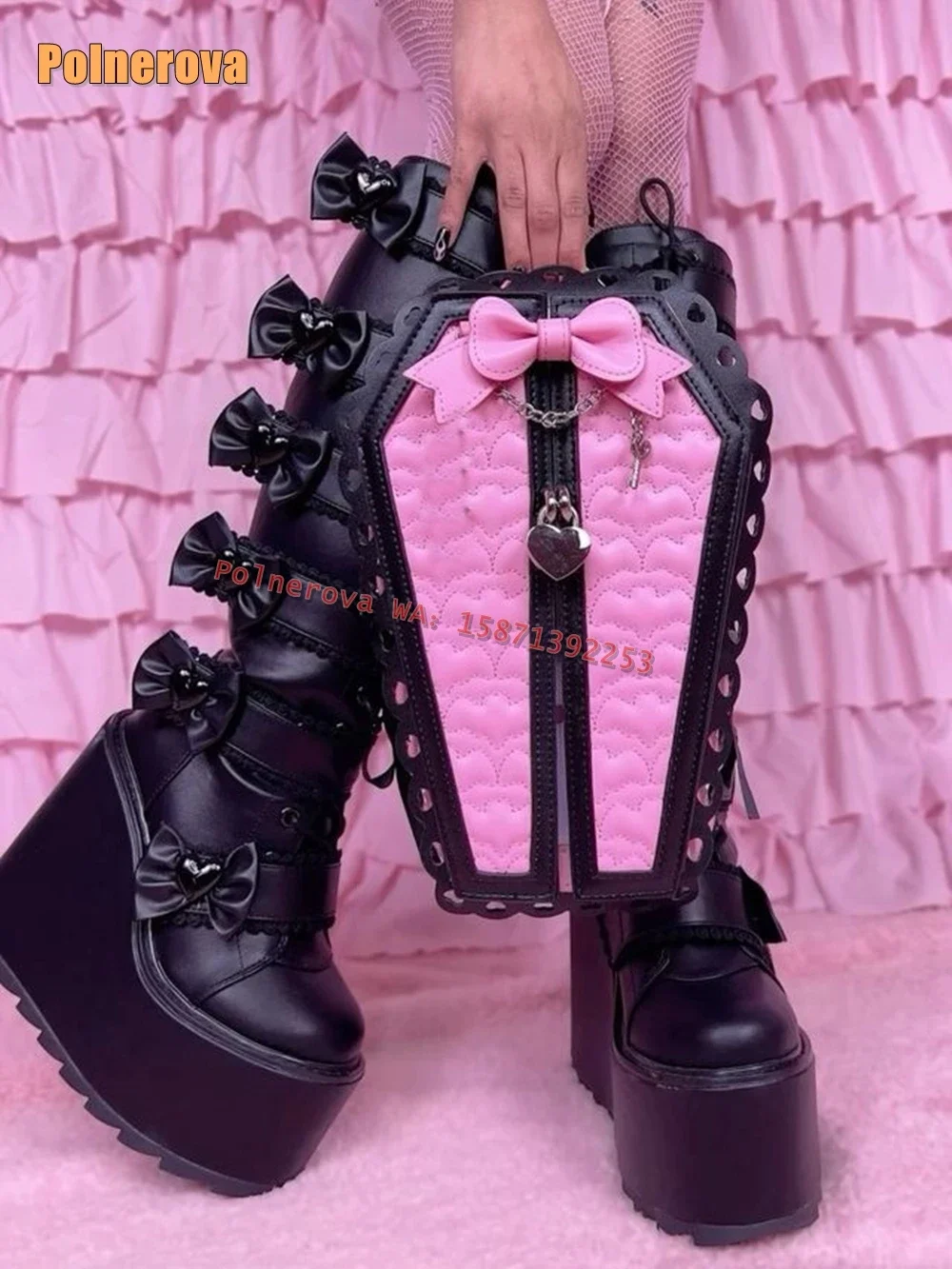 

Bowknot Black Platform Wedges Knee High Boots Round Toe Thick Sole Women Punk Long Booties Heart Butterfly Belt Buckle Shoe 2024