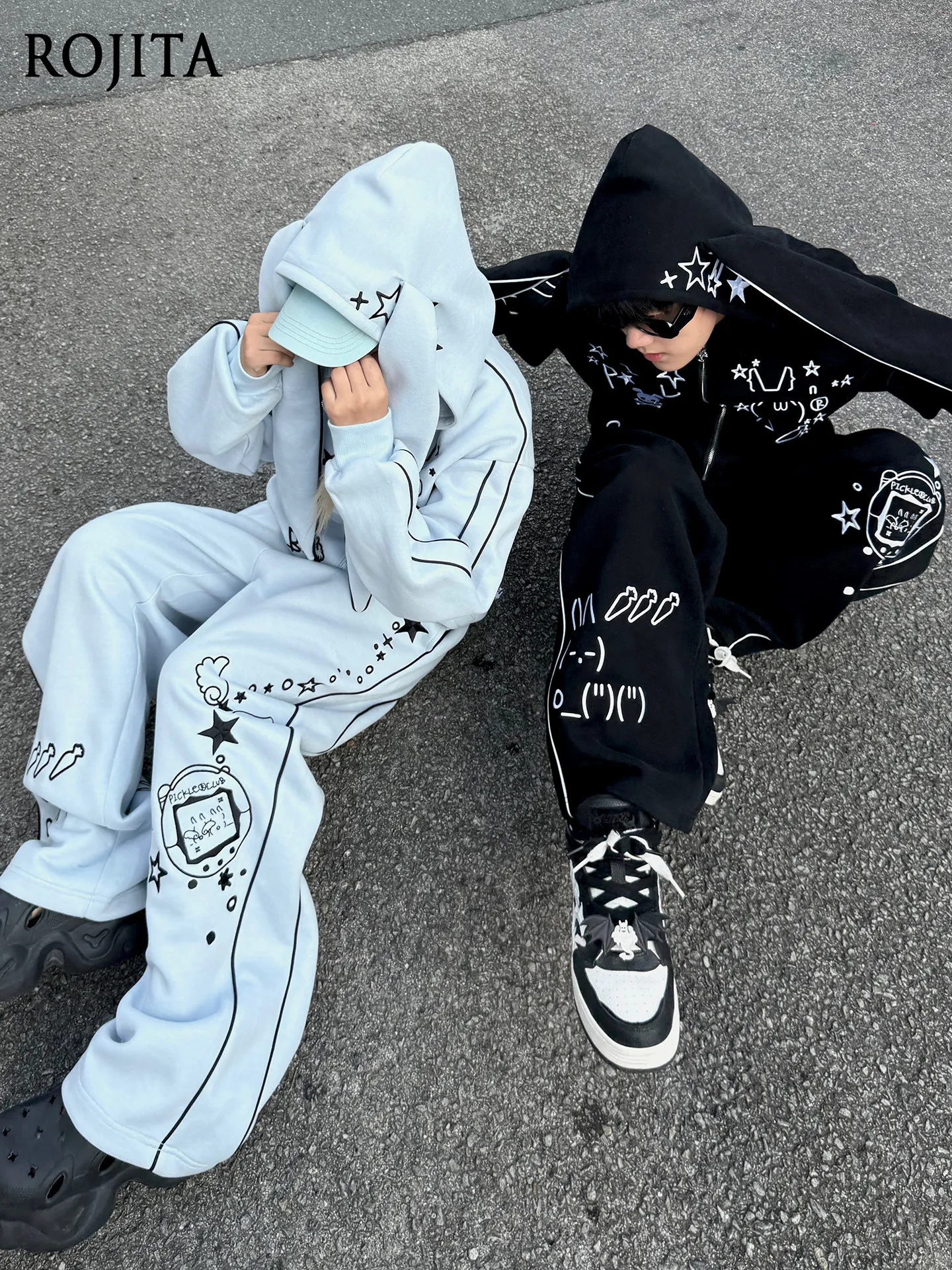 

American Embroidery Electronic Rabbit Sports Suit Hooded Sweatshirt Jacket Women and Man Sweatpants Casual Versatile Cardigan
