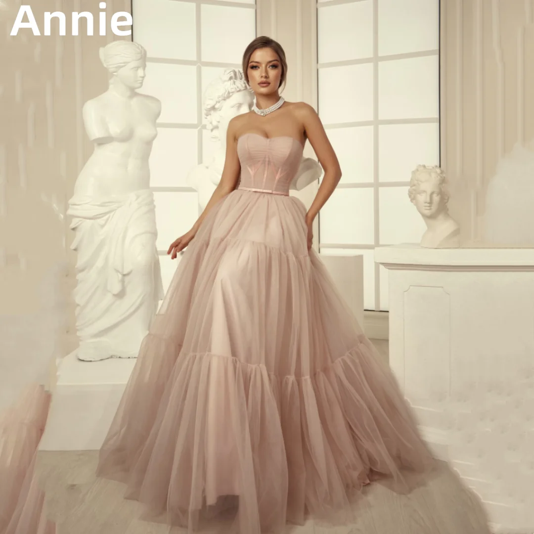 

Annie Light Pink Prom Dresses Tulle A-line Evening Dress Corset Strapless Side Slit 2024 Formal Occasions Graduate Party Dresses