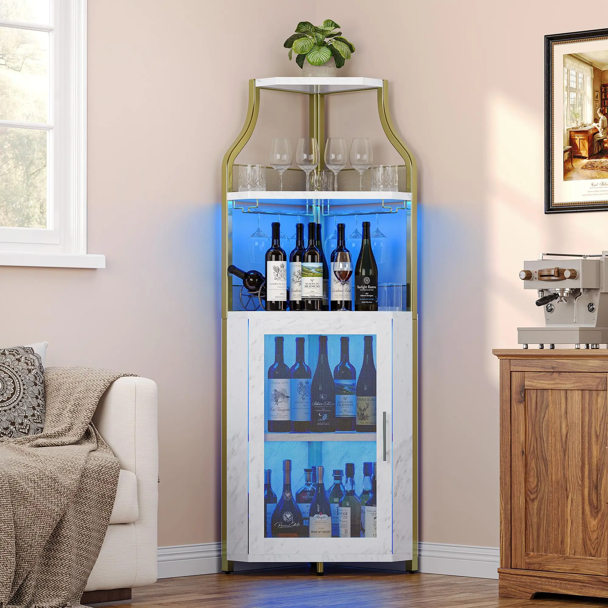 

Modern Corner Wine Cabinet With Blue LED Lighting, 5-Tier Storage Featuring Glass Racks, Adjustable Shelves, And Mesh-Door