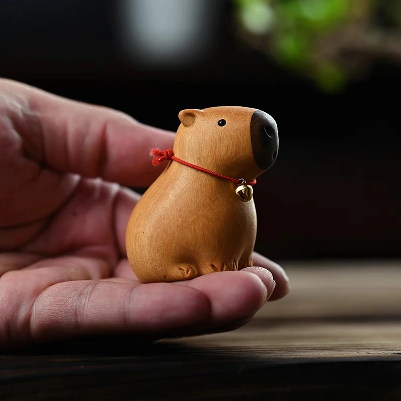 Capybara Cute Animal Small Model Statue Solid Wood Carving Home Room Office Car Decoration Accessories