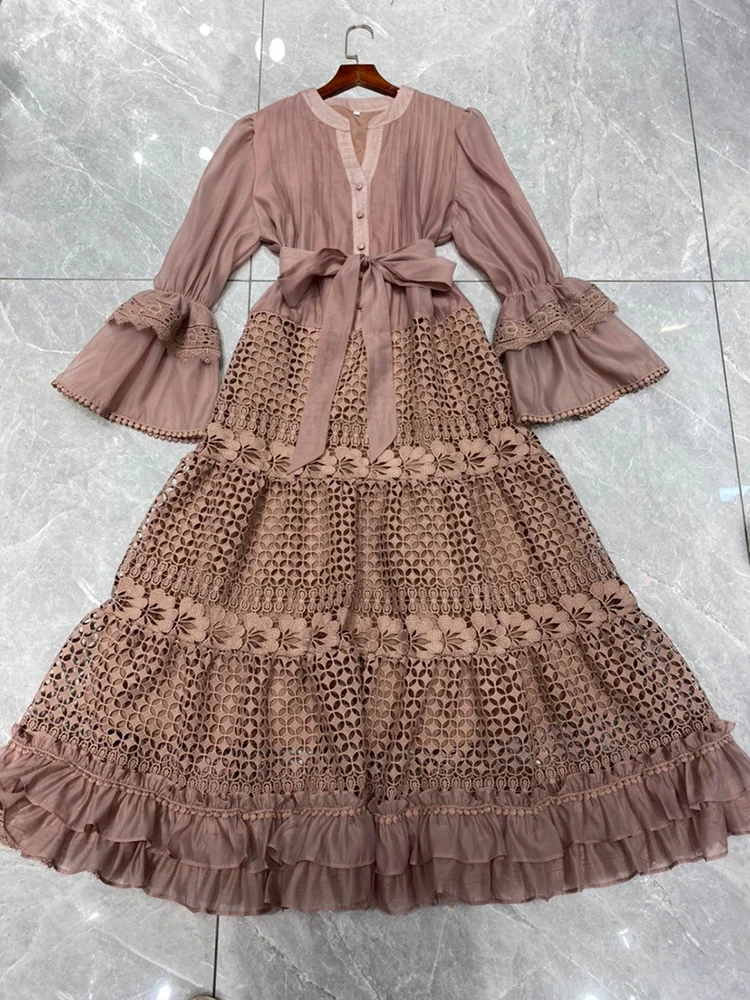 Vestido Retro de otoño nuevo de alta calidad para mujer con volantes y manga de trompeta hueca vestido suelto elegante de encaje con temperamento para vacaciones vestido de cintura alta.