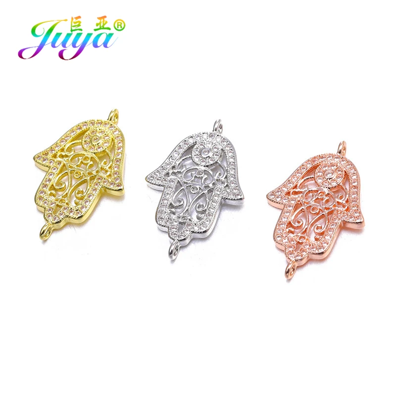 Juya DIY Turkish Jewelry Fittings 18K Plated Copper Hamsa Hand Fatima Pendant For Women Charm Bracelet Necklace Earring Making