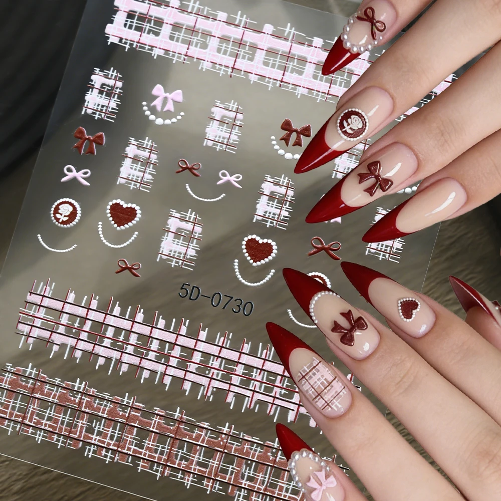 2Pcs/Lot 5D Checkered Bow Heart Nail Stickers Korean Style Plaid Bowknot Slider Sticker Self-Adhesive Grid Lines Nail Art Decals