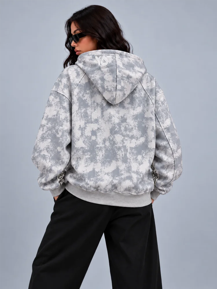 Y2K Women Washed Tie Dye Zip Hoodie Oversized Long Sleeve Letter Embroidery Pocket Loose Fit Streetwear Hip Hop Sweatshirt