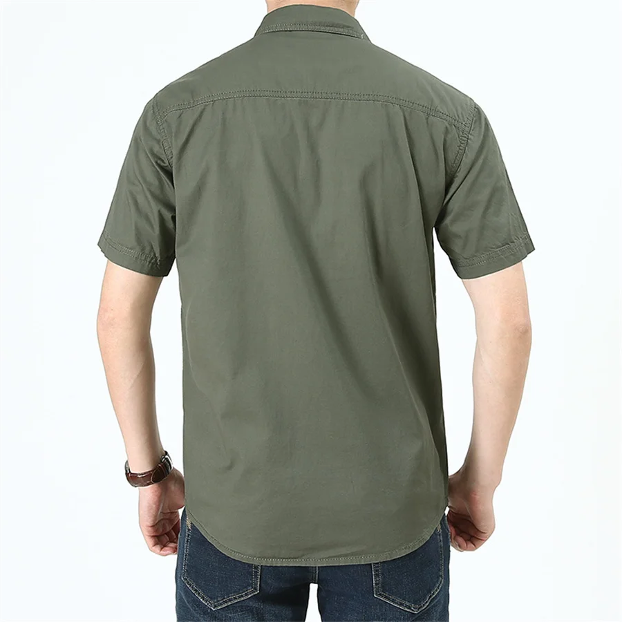 2024 Summer Green Cargo Shirts for Men Short Sleeve Casual Blouse Combat Tactical Shirt Multi-Pocket Outfits Oversize 5XL