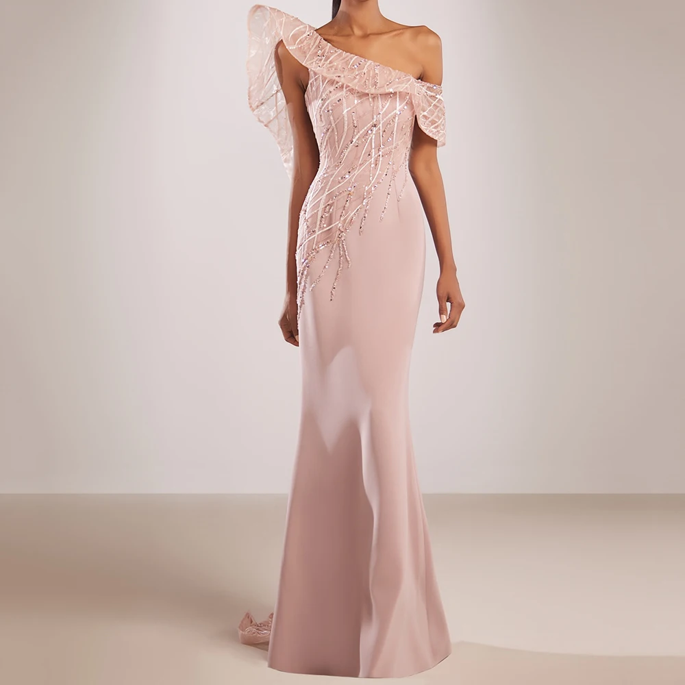 

Customized Mermaid Evening Dresses Floor-length Off The Shoulder Sleeveless Prom Gown Fashion Sequined Simple Draped Party Gown