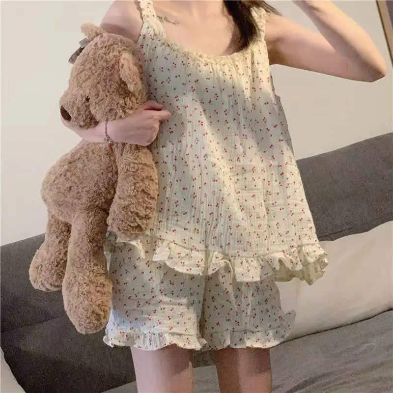 Ladies Sweet 2 Piece Pajamas Set Ruffles U Neck Tops Shorts Home Suit Female Cute Sleepwear Women Thin Loose Nightwear with Pad