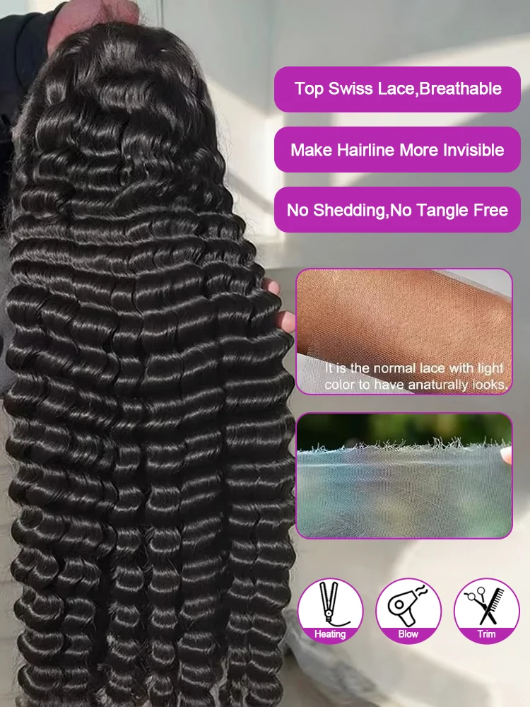 250 Density 40 42 Inch Loose Deep Wave Wigs 100% Brazilian Curly Wig Human Hair Wig 13x4 13x6 HD Transparent Lace Frontal Wig Pre Plucked Natural Black 360 Full Lace Front Human Hair Wigs For Women view 2
