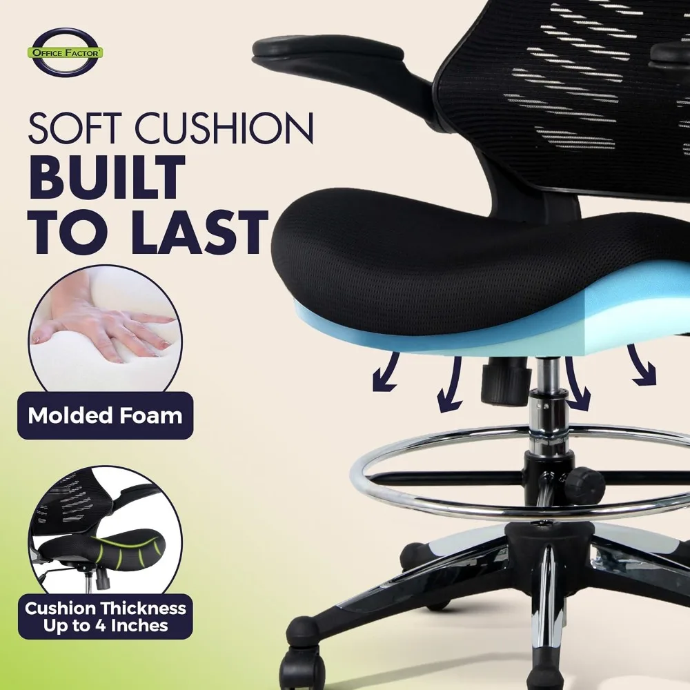 Ergonomic 300-Pound Capacity Drafting Chair with Flip-Up Armrests for Tall Office and Standing Desk Use