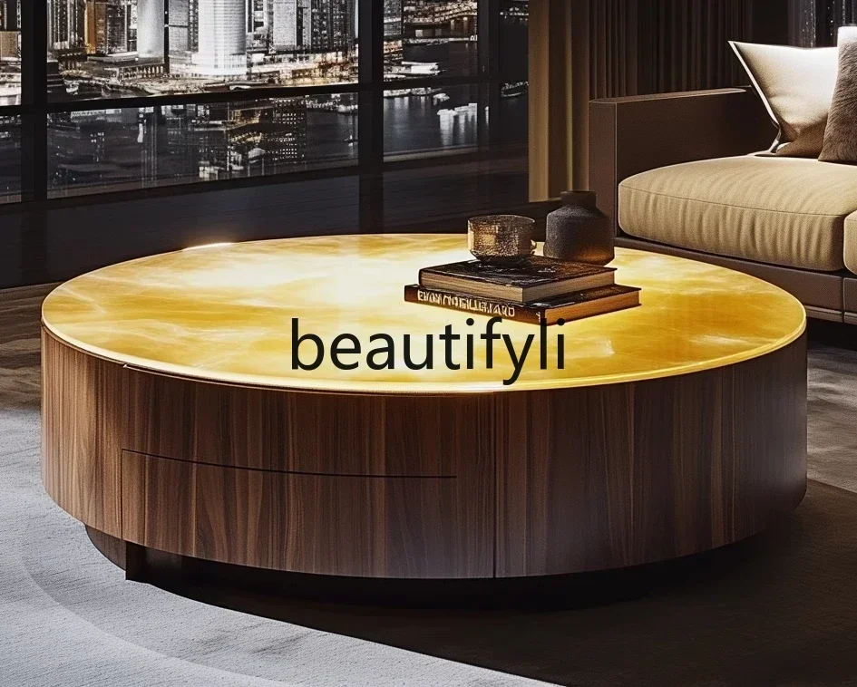 

NQ09Luminous jade luxury stone round coffee table natural marble modern high-end Italian minimalist villa living room coffee tab