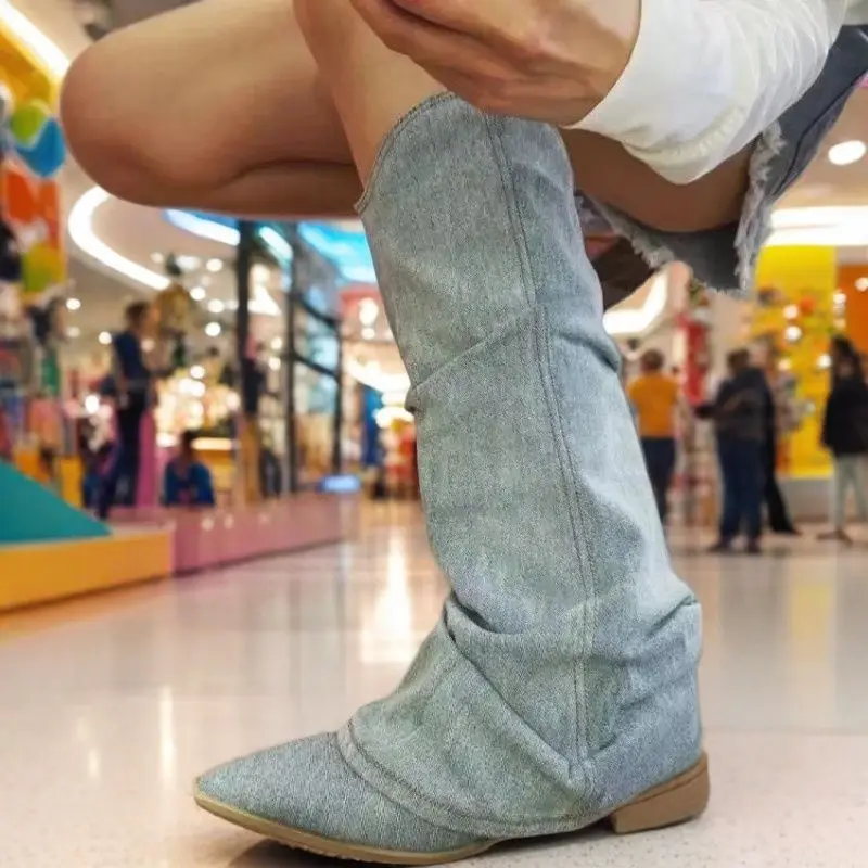 

Pointed Toe High Heel Trouser Tube Boots New Female Western Cowboy Knight Boots Denim Splicing Street Style Sewing Fashion Shoes