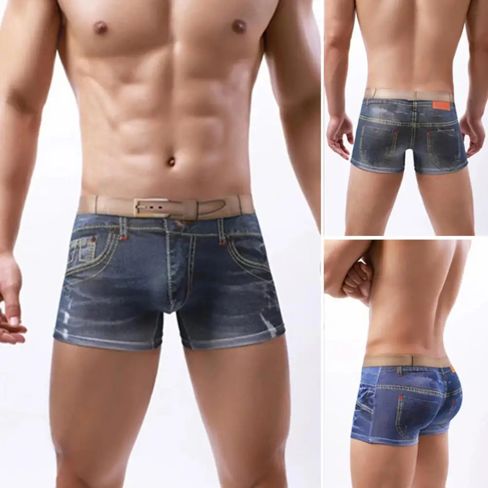 Boxer respirant pour hommes, slip imprimé en 3d avec Imitation jean, ceinture élastique Double face pour le confort