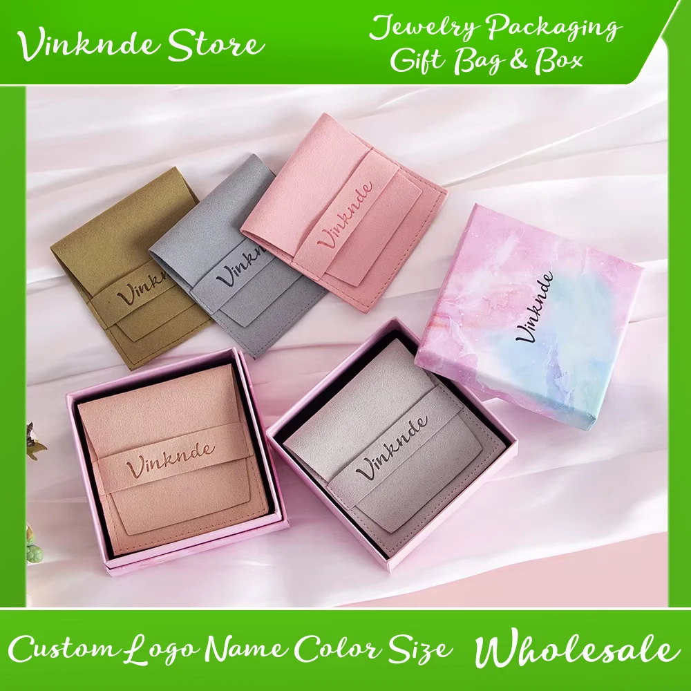 

New Custom Logo 7x7x3cm Jewelry Box With 6.2x6.2cm Personalized Microfiber Strip Bag Suede Velvet Pouch Ring Earrings Organizer