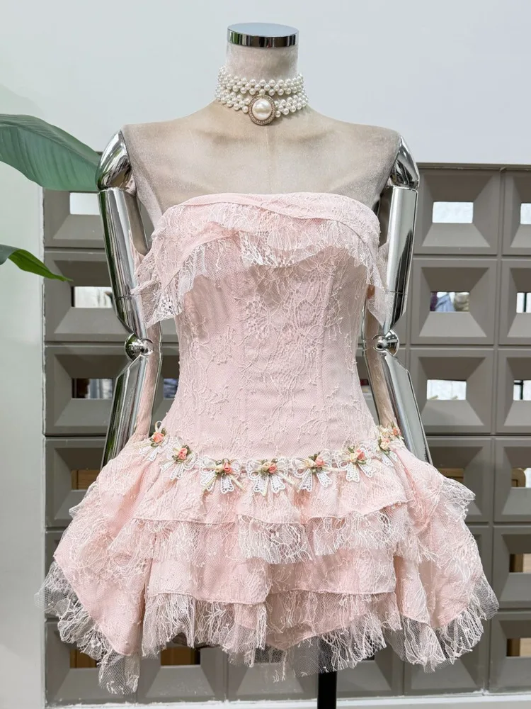 Dfdg feminino 2025 primavera verão designer renda em camadas vestido oco assimétrico bainha chique festa de férias tubo topless vestido de festa