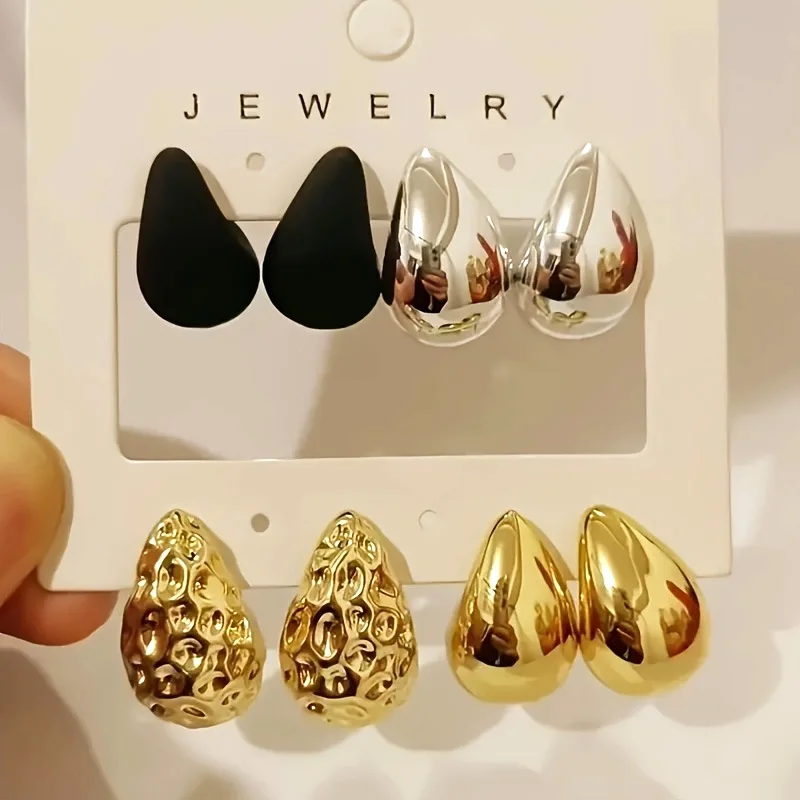 Vintage Glossy Thick Metal Water Drop Stud Earrings Fashion Creative Pleated Tear Drop Earrings Women's Elegant Party Jewelry