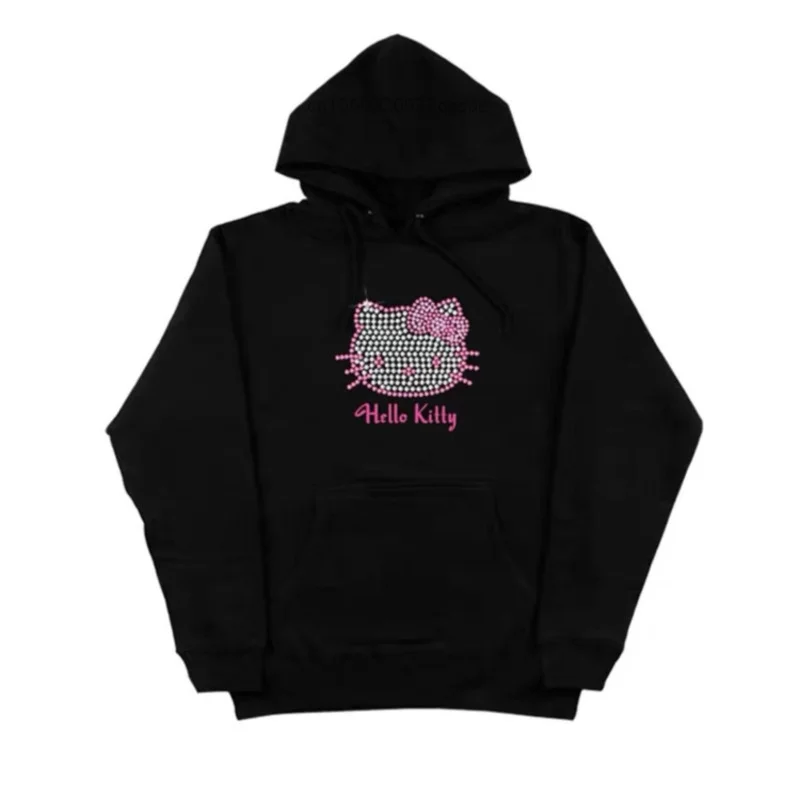 Sanrio Hello Kitty Sparkling Rhinestone Pattern Hooded Sweater Y2k Women Trend Cute Hoodies Loose Oversize Tops Autumn Clothes