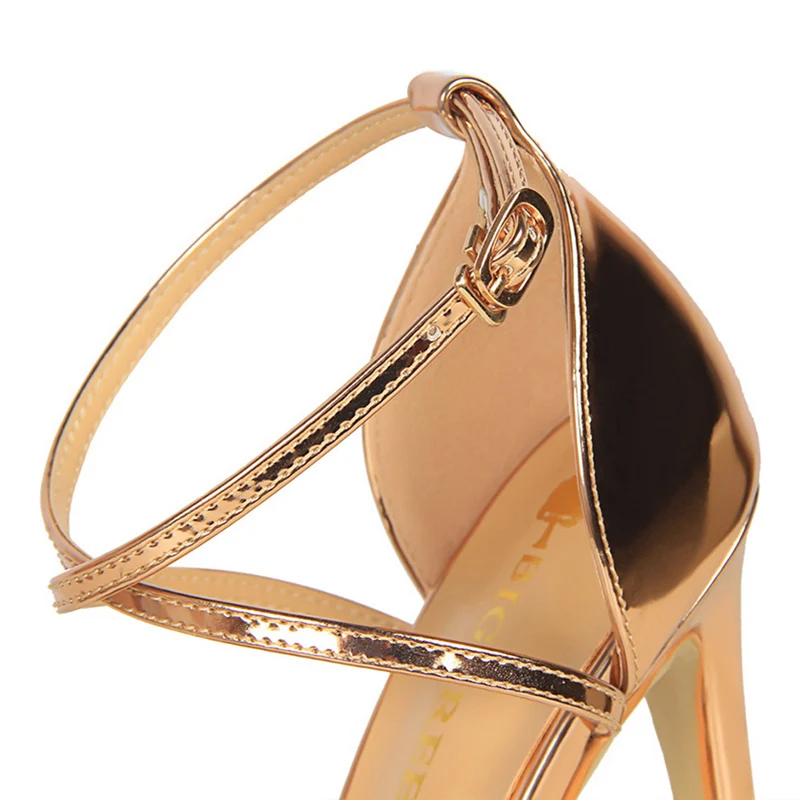 2023 Brand Women 8cm 11cm High Heels Strap Sandals Lady Roman Shiny Gold Fetish Stiletto Stripper Heels Gladiators Party Shoes