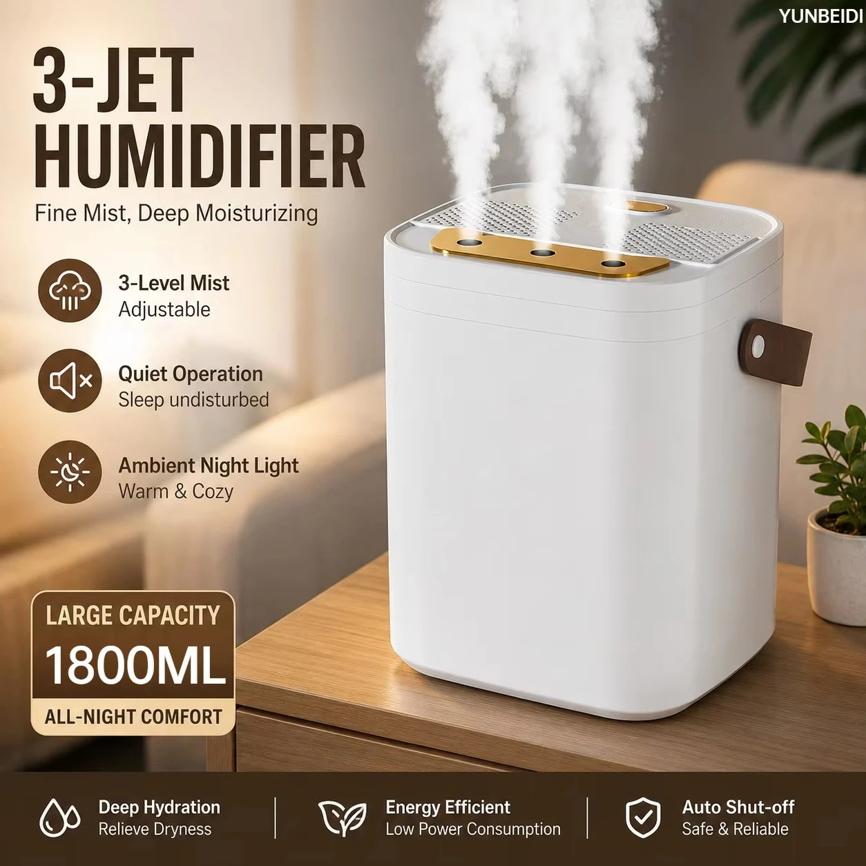 Three Nozzle Night Light Humidifier 1.8L Large Capacity Dual Filter Aromatherapy Machine USB Silent Timed Shutdown Bedroom Car