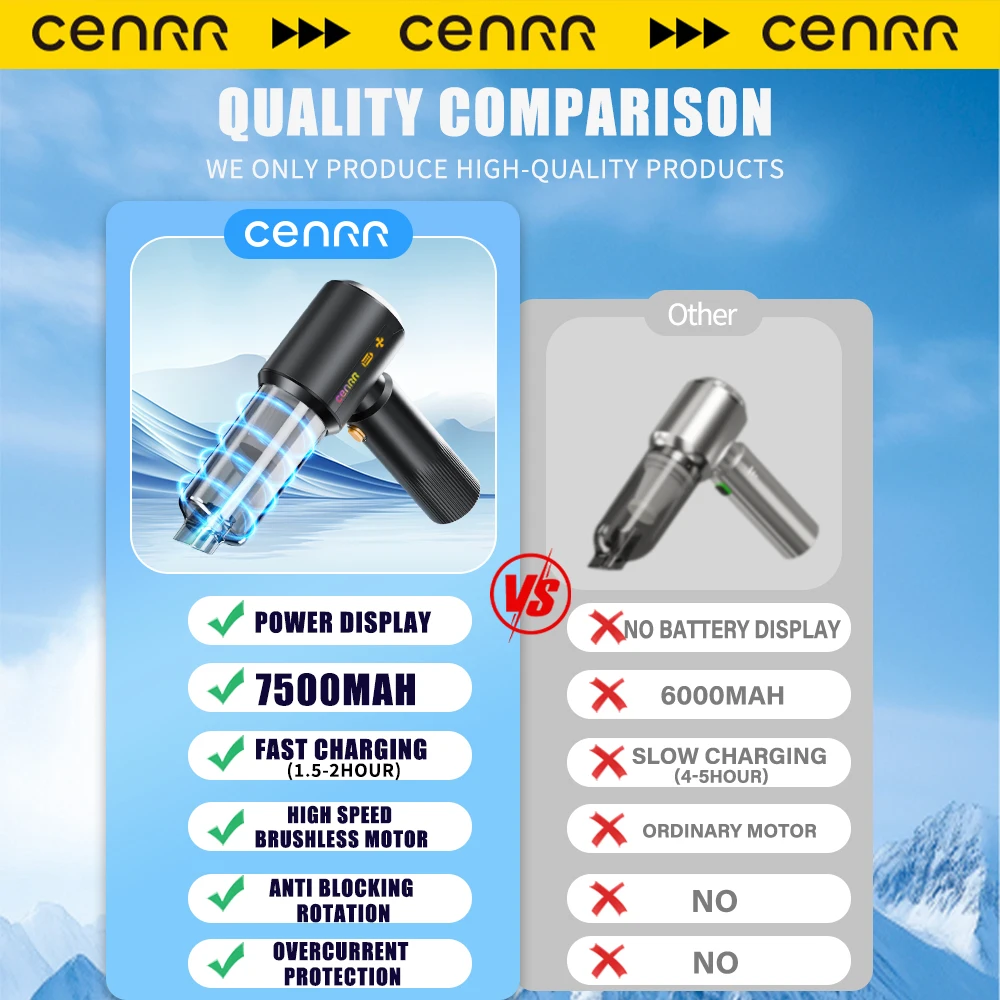 CENRR New Battery Level Display Car Vacuum Cleaner 7500mAh Home Man Christmas Gift Powerful Portable HandHeld Car Cleaner