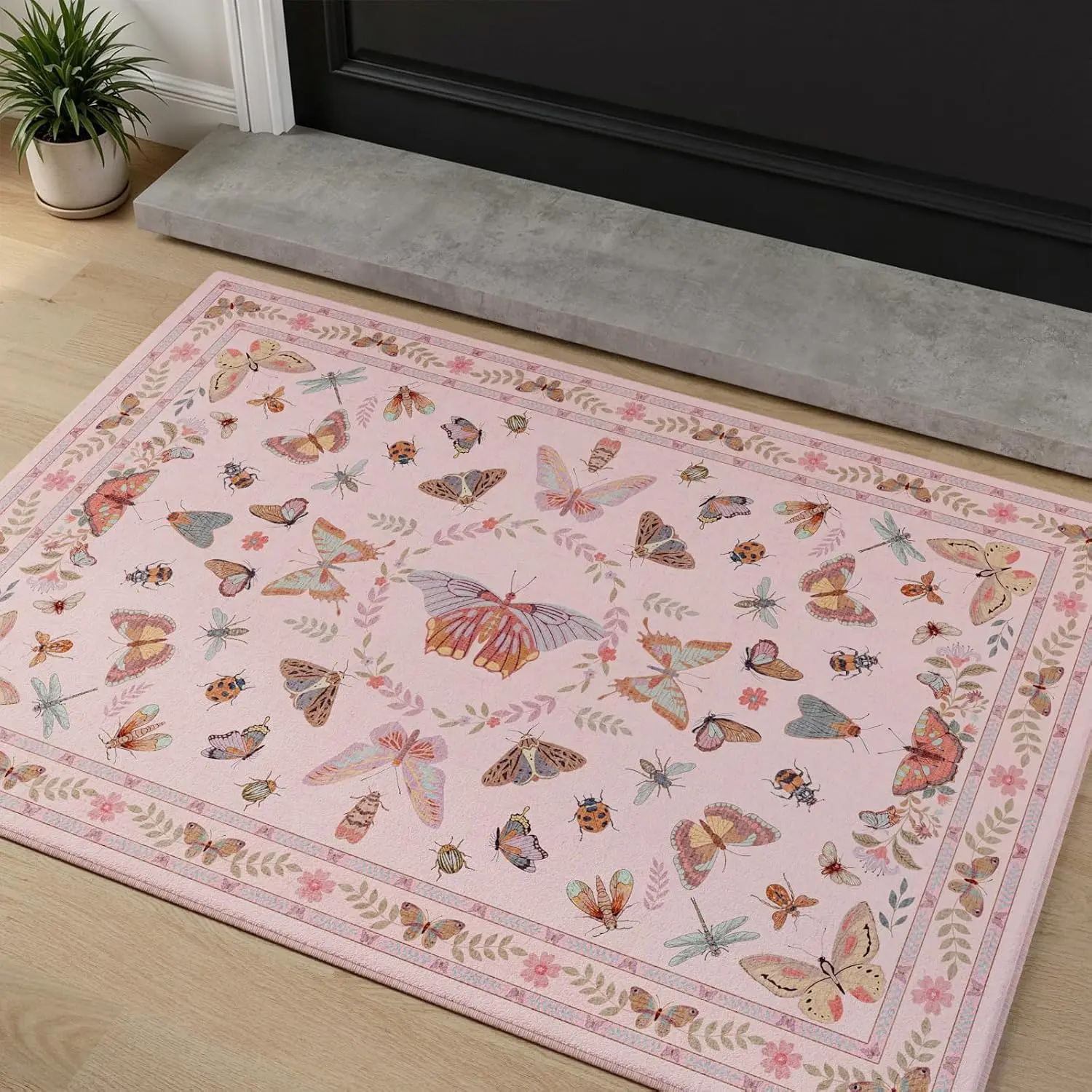 Washable Pink Bug Area Rug, Soft Boho Non Slip Print Carpet, Thin Entryway Mat for Kitchen Bathroom Bedroom Laundry Room
