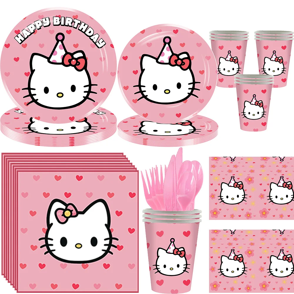 Décor d'anniversaire Hello Kitty rose, assiettes de fête jetables, nappe, serviettes en papier, fournitures de réception-cadeau pour bébé pour filles