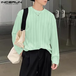 INCERUN Men T Shirt Solid Color Hollow Out Streetwear Casual Men Clothing O-neck Long Sleeve Korean Fashion Male Tee Tops S-5XL