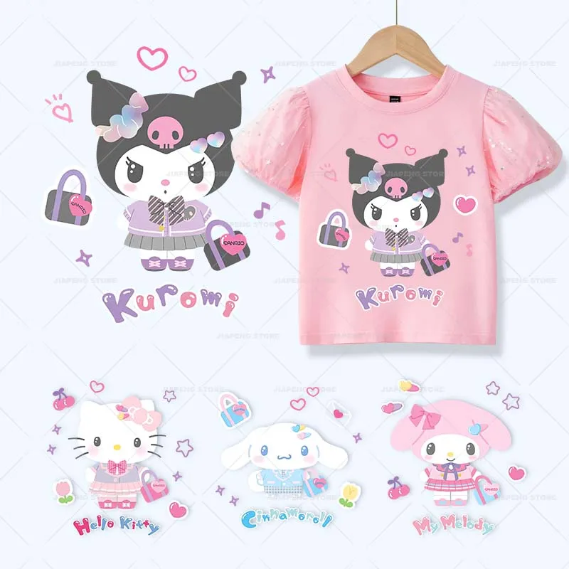 

Cinnamoroll Cartoon Printed Stickers For Clothes Sanrio Cute Kuromi Patches Iron on Transfers On Kids Girl T-shirt Applique DIY