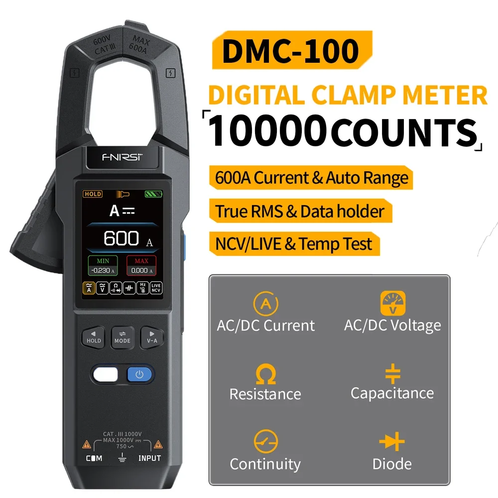 FNIRSI DMC-100 AC DC Current Clamp Meter 10000 Counts Digital Multimeter True RMS Voltage Resistance Meter Electrician Tools