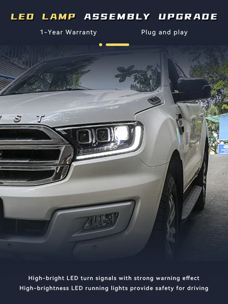 

Автомобильные фары для Ford Ranger 2015-2020, светодиодные фары в сборе, обновленная бифокальная 3-объективная DRL, динамический сигнал, аксессуары для передних фонарей