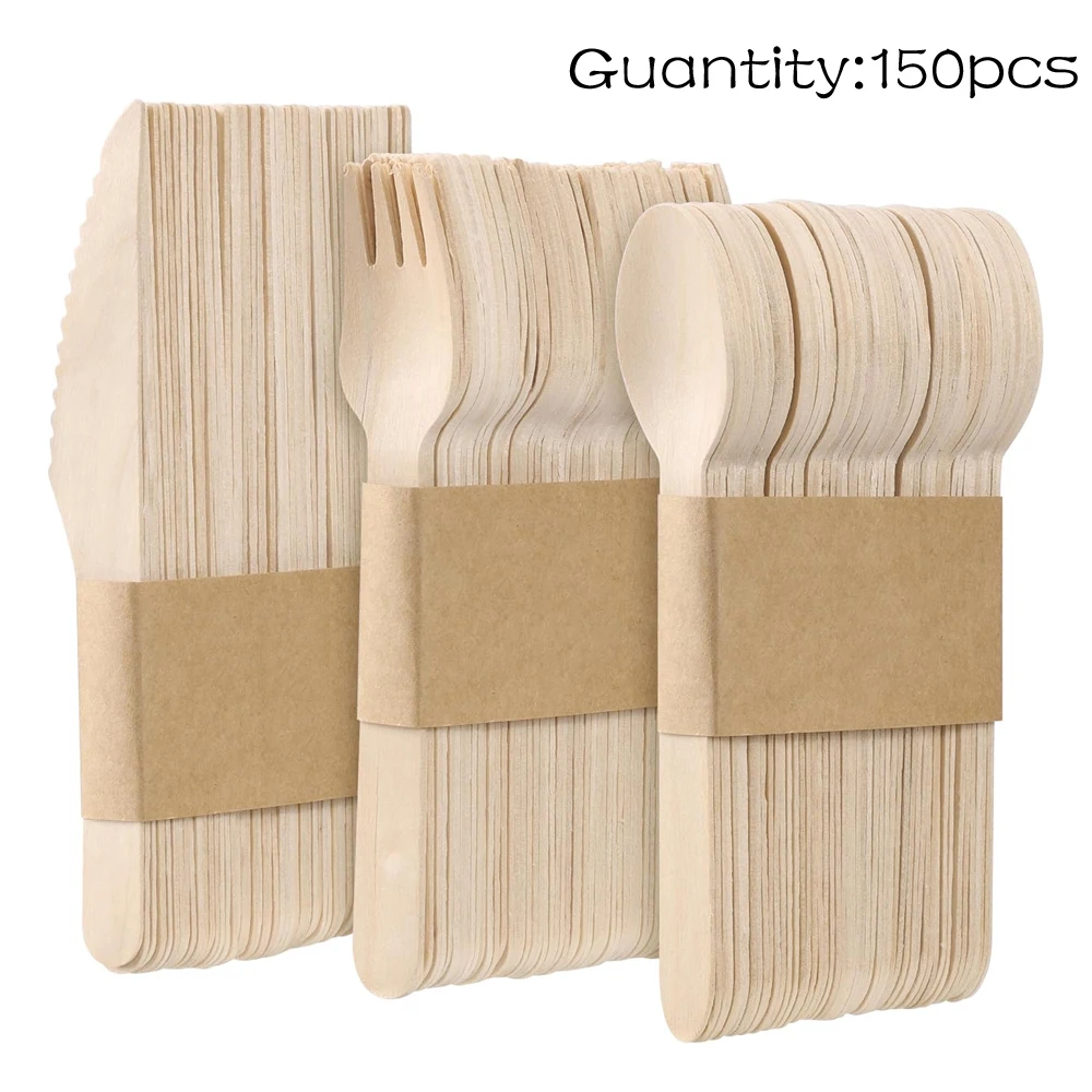 150 Pcs Disposable Wooden Cutlery Set Includes Forks, Spoons, For Party, Outdoor Picnic, Family & Friends Gathering, Ice Cream