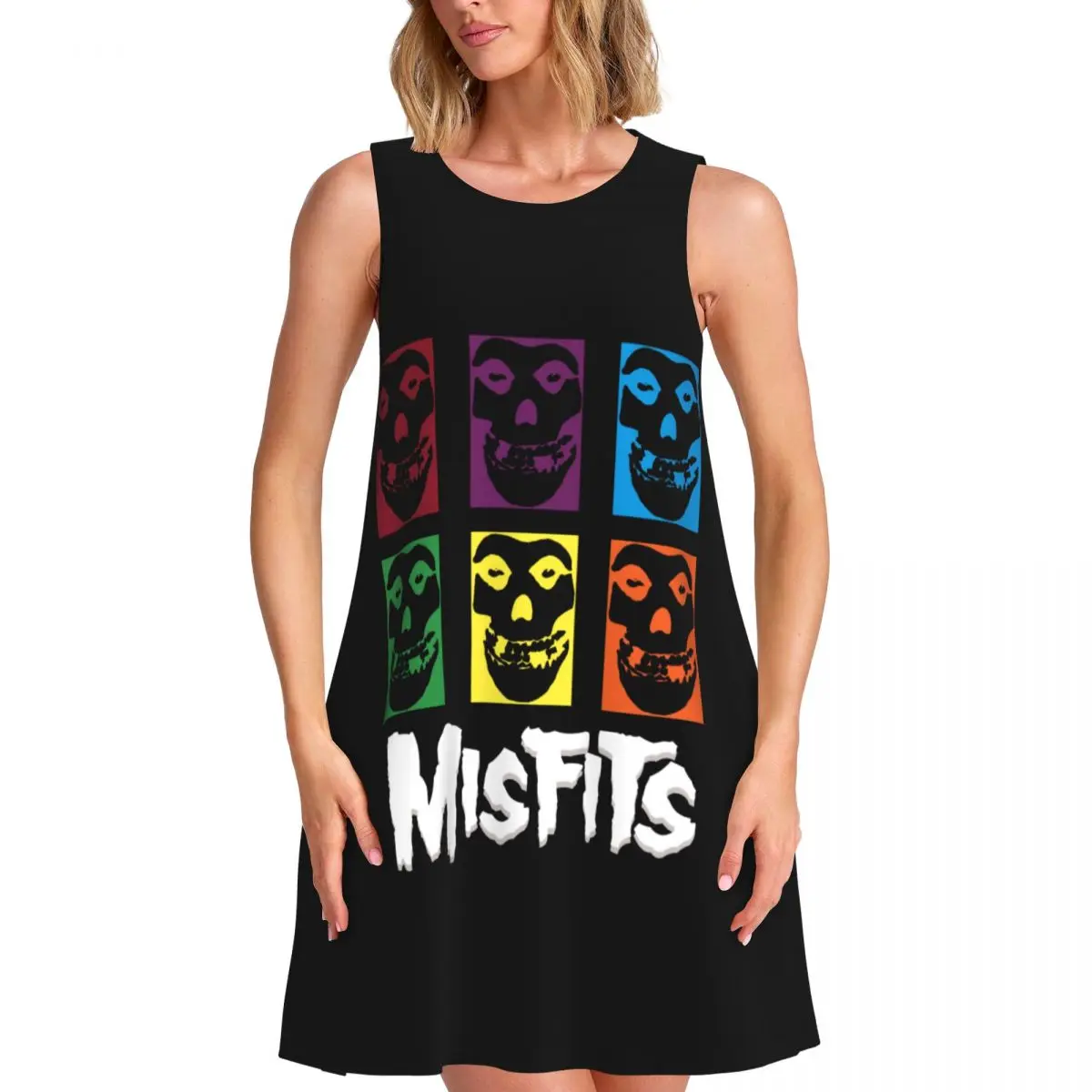 

Летние платья без рукавов в стиле рок-панк на заказ Misfits с черепом и лицом, повседневные сарафаны из тяжелого металла, пляжные накидки без рукавов